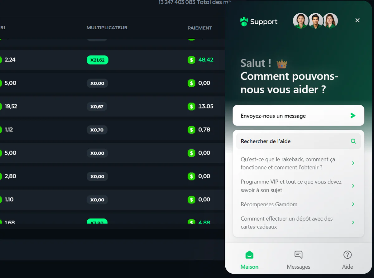 Gamdom assistance client avec chat en direct, recherche d’aide, programme VIP, récompenses et informations sur les dépôts
