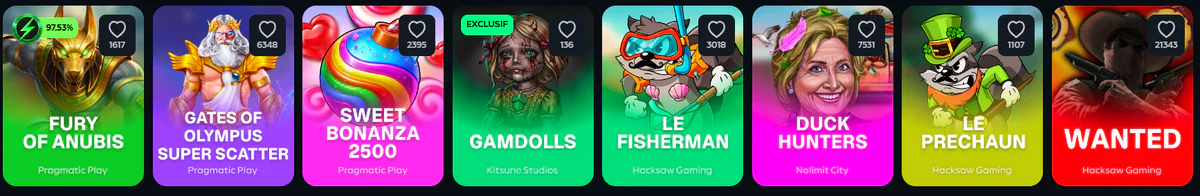 Gamdom sélection de machines à sous avec Fury of Anubis, Gates of Olympus, Sweet Bonanza 2500, Gamdolls et Wanted